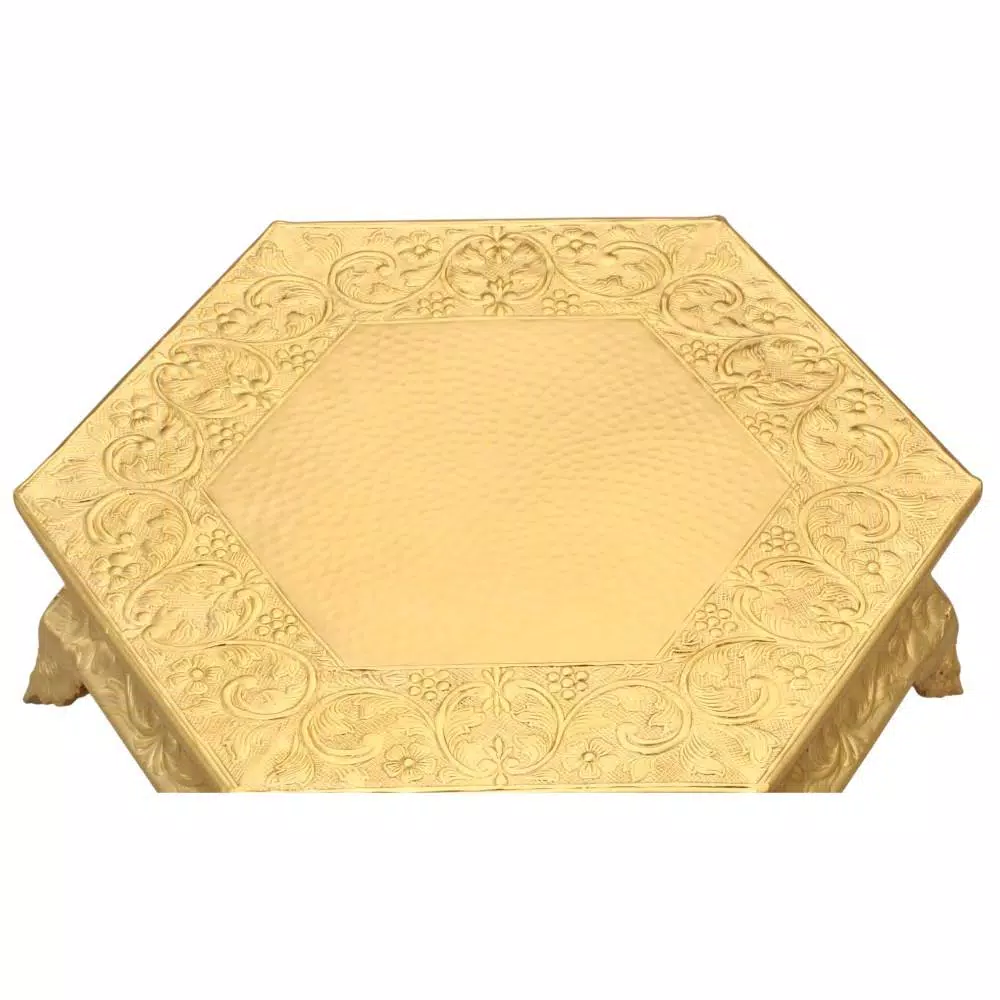 Benzara 14 in. Gold Hexagonal Metal Wedding Cake Stand with Hammered Center