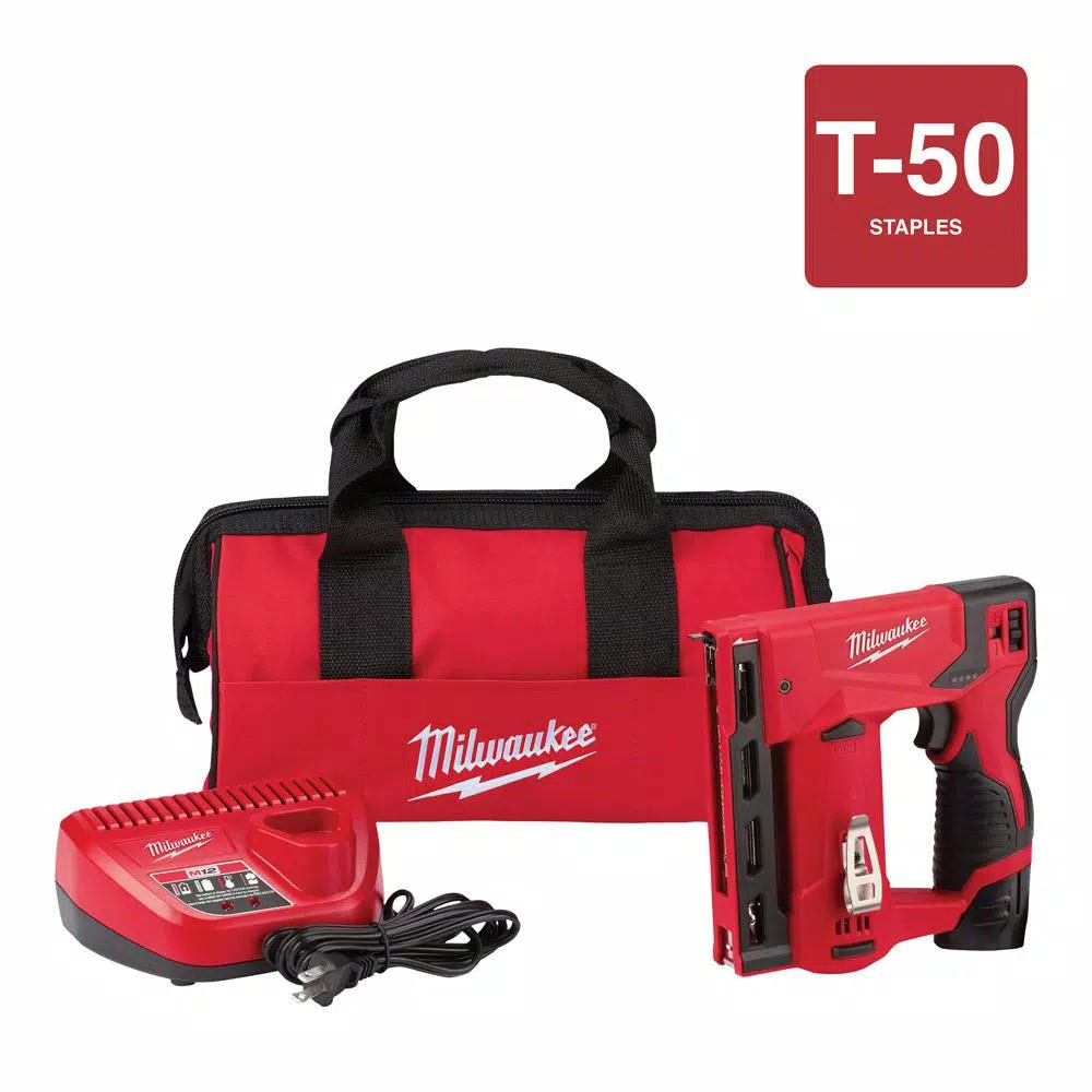 Milwaukee M12 12V Lithium-Ion Cordless 3/8 in. Crown Stapler Kit with 1.5Ah Battery, Charger & Bag