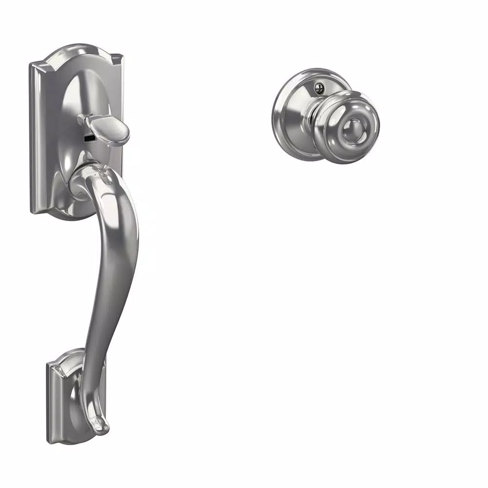 Schlage Camelot Bright Chrome Front Entry Handleset with Georgian Knob