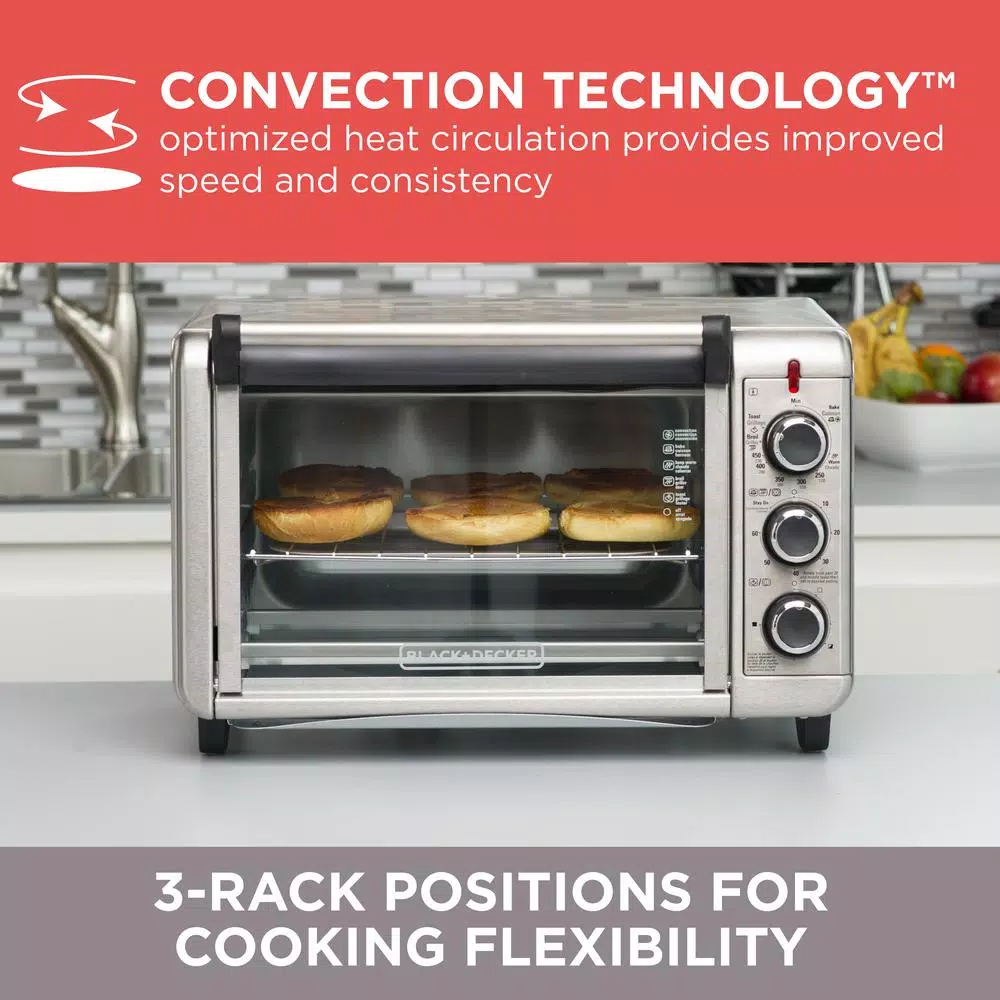 BLACK+DECKER 1500W 6-Slice Stainless Steel Convection Toaster Oven with Broiler Pan