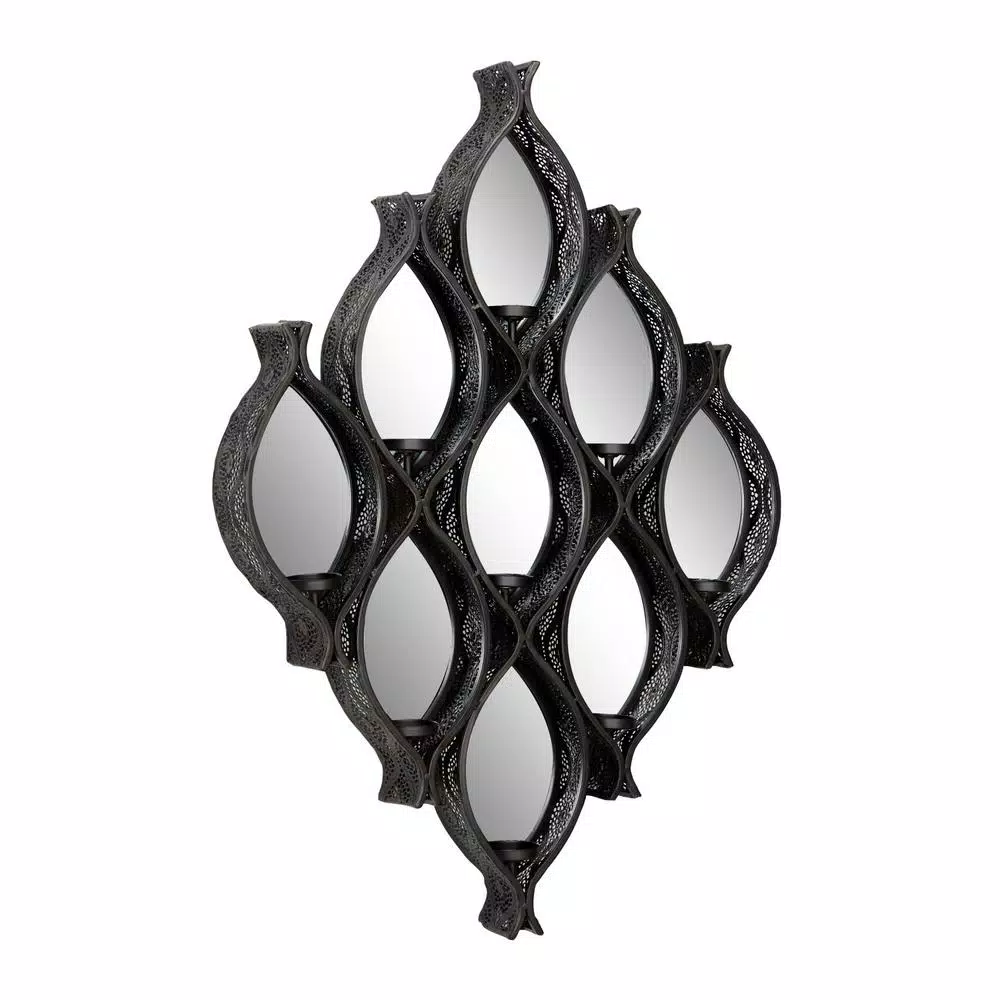 LITTON LANE Eclectic Large Black Diamond Mesh Metal Wall Sconce with Mirror Inlays