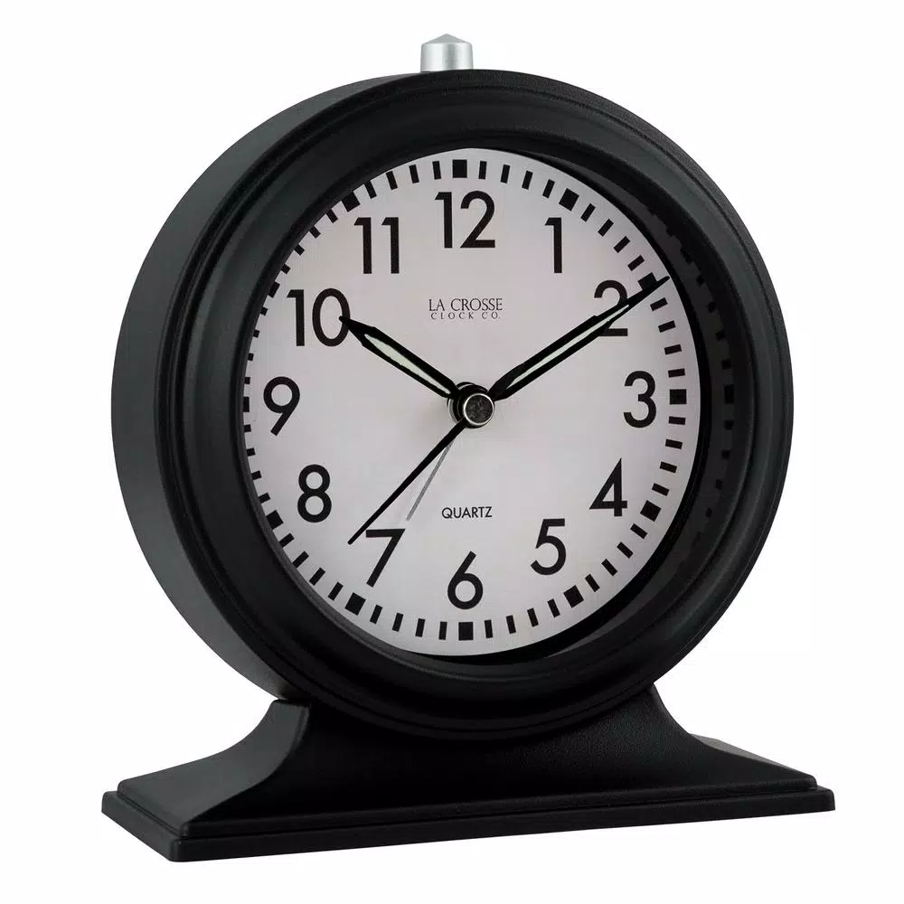 La Crosse Clock Co. Silent Sweep Black Mantel Alarm Clock with Luminous Hands