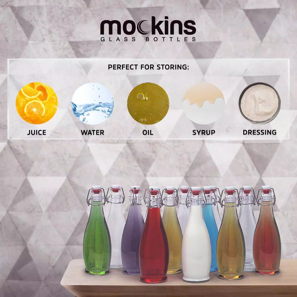 Mockins 17 oz. Glass Bottles with Swing Top Stoppers, Funnel, Brush, and Gold Marker (Set of 12)