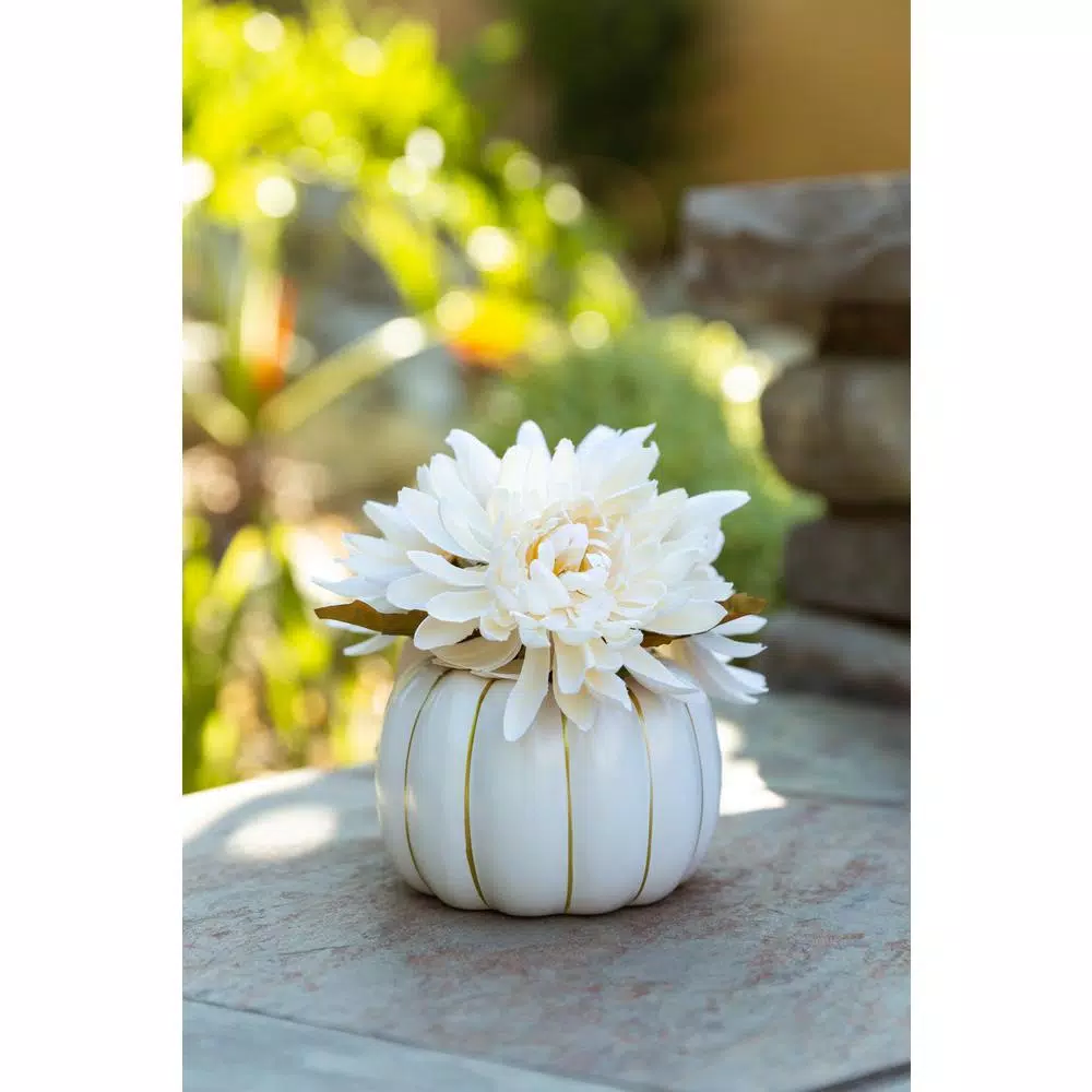 Flora Bunda 5.75 in. Cream White Faux Chrysanthemum Arrangement in Ceramic Pumpkin Pot with Gold Trim
