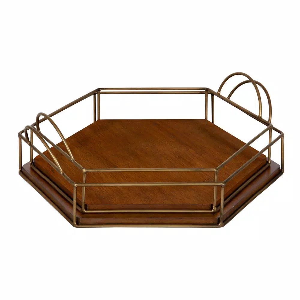 Kate and Laurel Westland Mid-Century Modern Wood and Metal Nesting Tray Set, Brown and Gold
