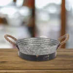 Stonebriar Collection 10 in. Round Galvanized Metal Decorative Tray with Rope Handles, Rustic Farmhouse Style thumbnail 2