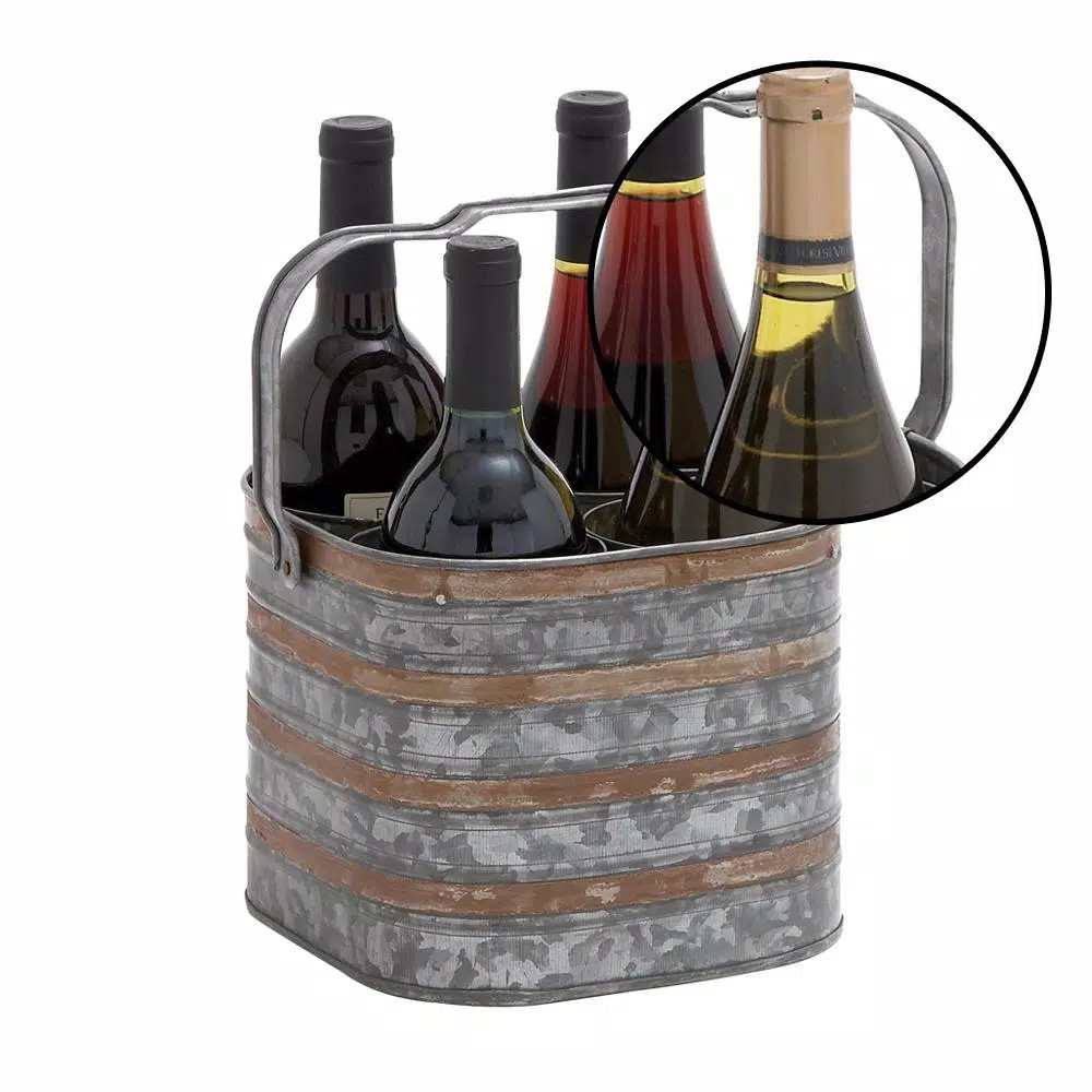 LITTON LANE 4-Bottle Iron Wine Holder with Handle - 2-Tone Patina Silver and Brass