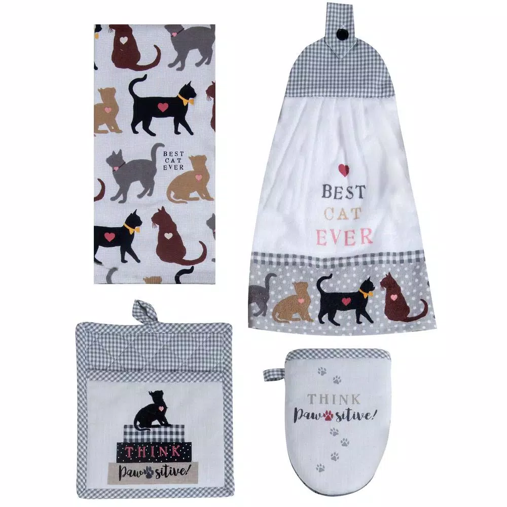 Kay Dee Fur Real Pets Cat Themed Cotton Kitchen Textile Set, 4-Piece Tan Pot Holder & Towel Set