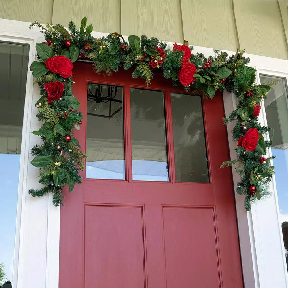 Unbranded 9 ft. Pre-Lit LED Red Peonies and Berry Garland with Remote Control
