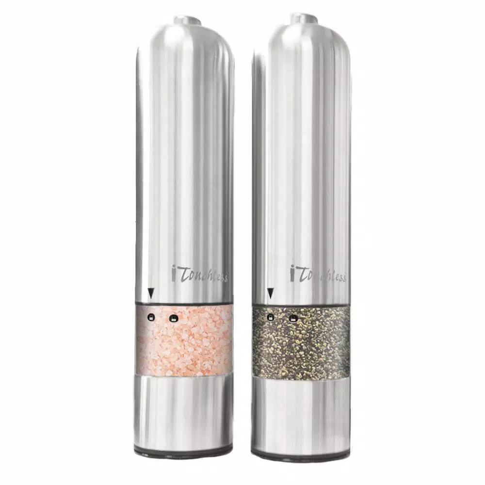 iTouchless Brushed Stainless Steel Electronic Salt and Pepper Mill Set, 2-Pack