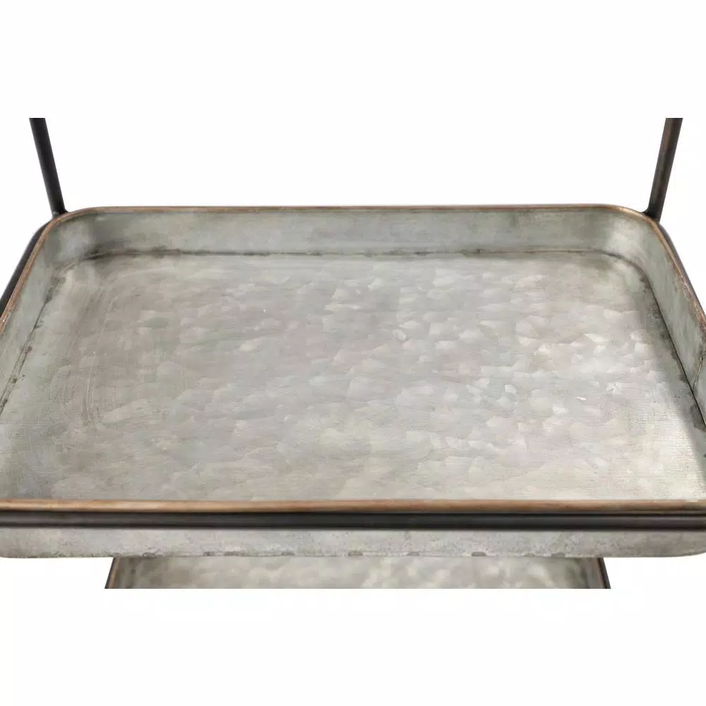 LITTON LANE Large 2-Tier Rectangular Metal Serving Tray with Handle - Black and Silver Farmhouse Decor