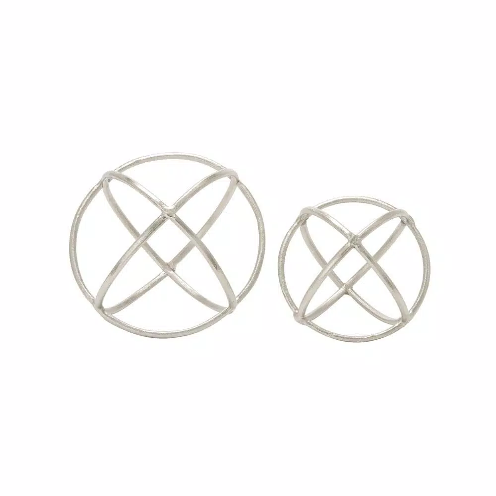 LITTON LANE Silver Nickel Aluminum Ring Decorative Orbs, Set of 2 - Modern Geometric Sculptures