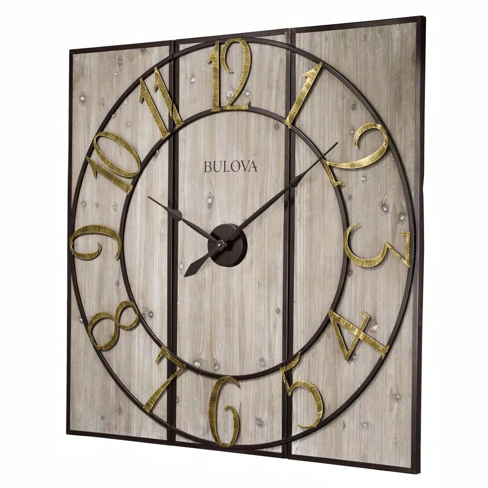 Bulova Vermont Country Store 45 in. Oversized 3-Panel Square Gallery Wall Clock - Weathered Grey Wood & Metal