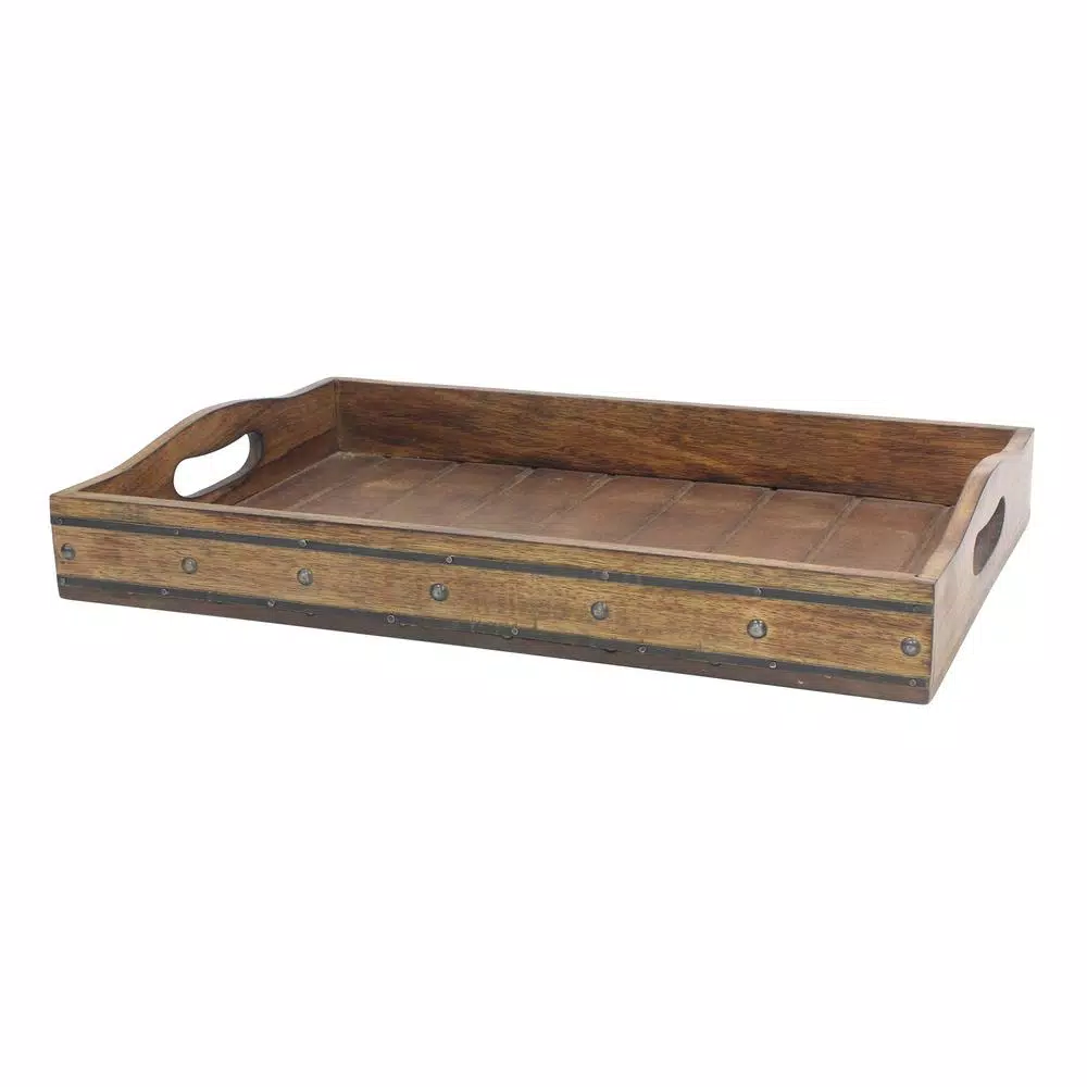 Stonebriar Collection Stonebriar Brown Wooden Rectangular Decorative Tray with Black Metal Trim and Rivets