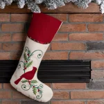 Glitzhome 21 in. Fabric Cardinal Christmas Stocking with Embroidered Holly and Berries, Red and Beige thumbnail 7