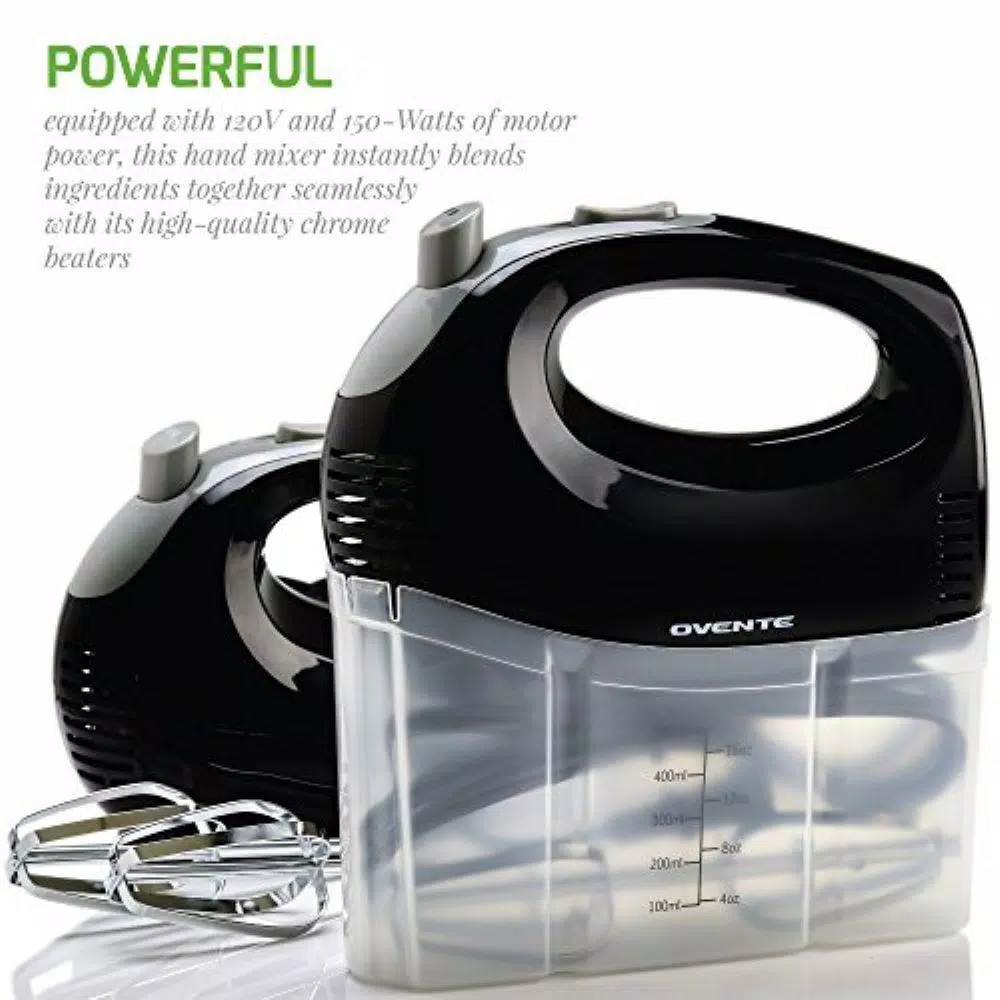 Ovente 5-Speed Ultra Power Hand Mixer with Storage Case, 150W, Black
