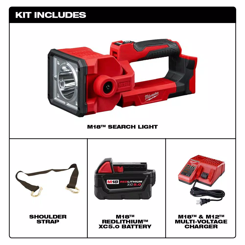 Milwaukee M18 18V Cordless LED Search Light Kit with 5.0Ah Battery and Charger