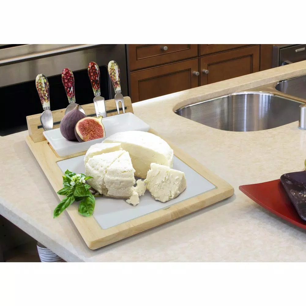 Epicureanist Sonoma Cheese Tray Serving Set with Bamboo Board, Glass Center, and Ceramic Dish