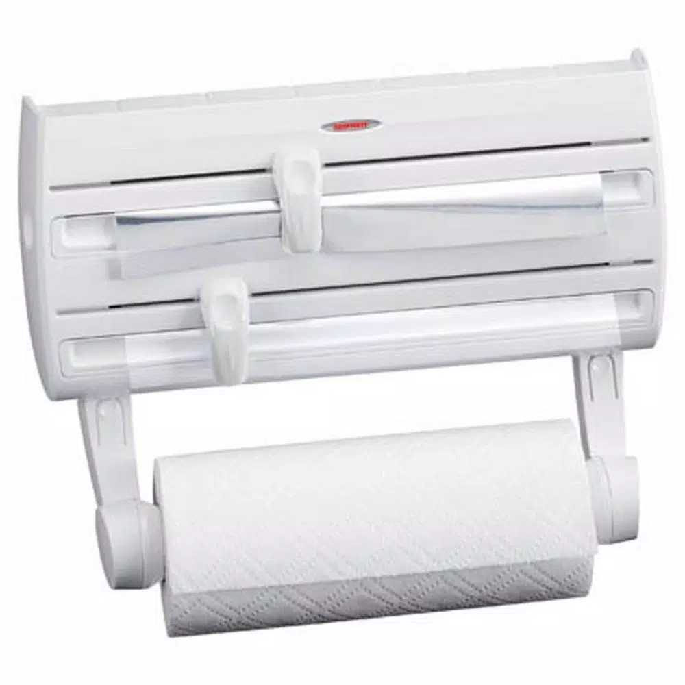 HOUSEHOLD ESSENTIALS Leifheit Wall Mount Paper Towel Holder with Spice Rack and Foil/Plastic Wrap Dispensers, White