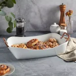 Denmark 18 in. Rectangular White Porcelain Serving Tray with Brushed Copper Handles thumbnail 2
