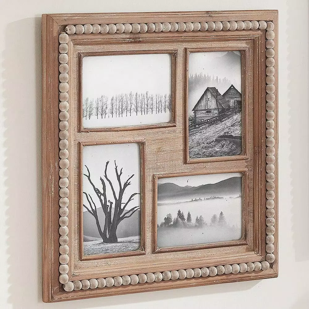 Home Decorators Collection Natural Beaded Wood 4-Opening Collage Picture Frame, 14.5 x 14.5 in, Brown