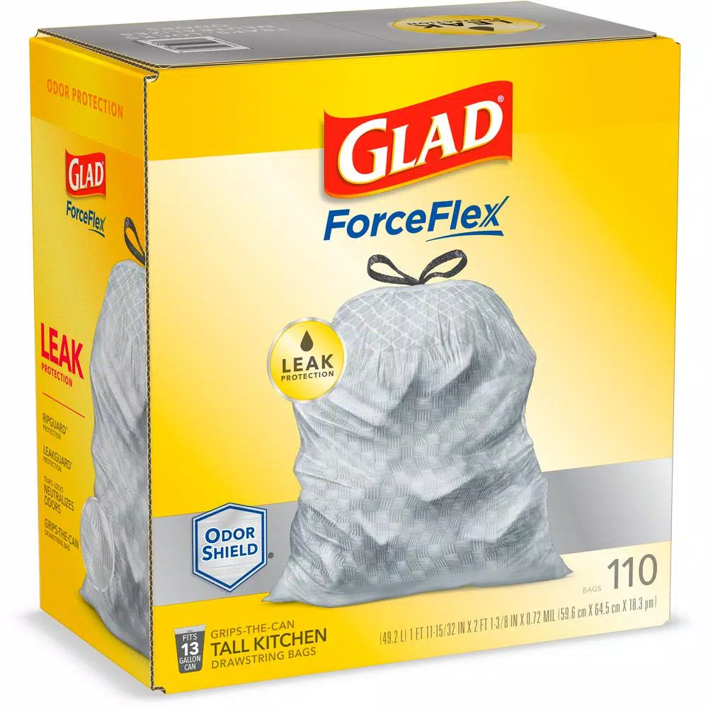Glad ForceFlex 13 Gallon Tall Kitchen Drawstring Trash Bags, OdorShield, 110 Count