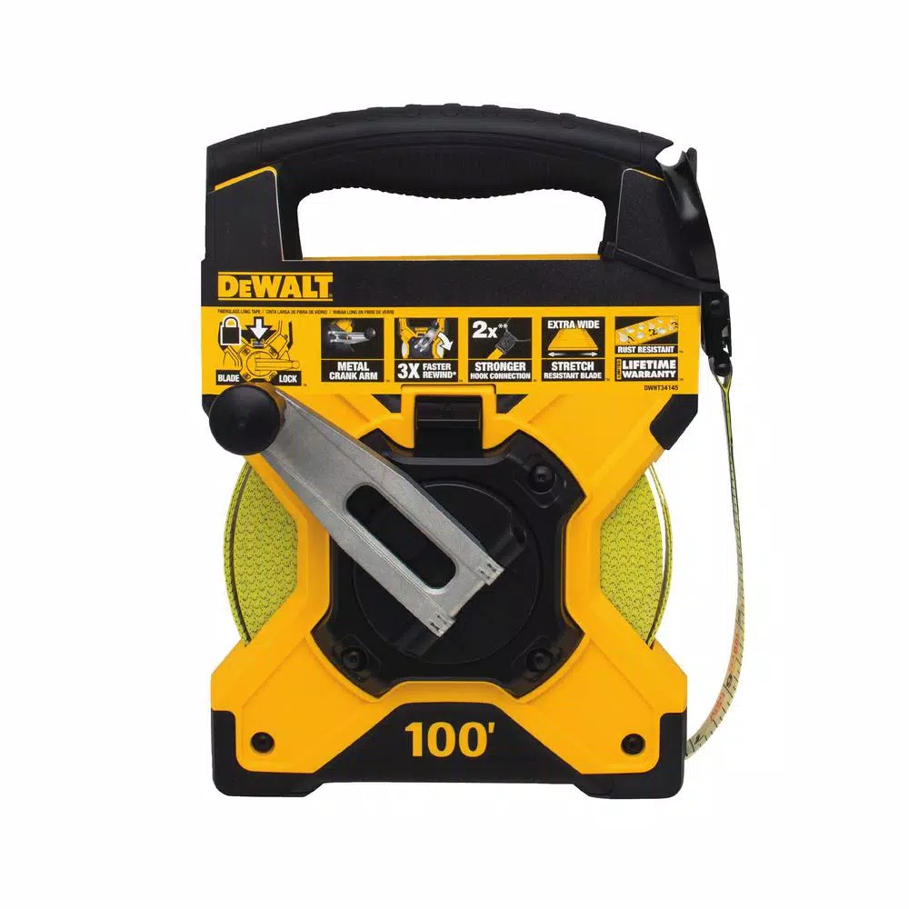 DEWALT 100 ft. Fiberglass Long Tape Measure with Rubber Overmolding and Metal Crank