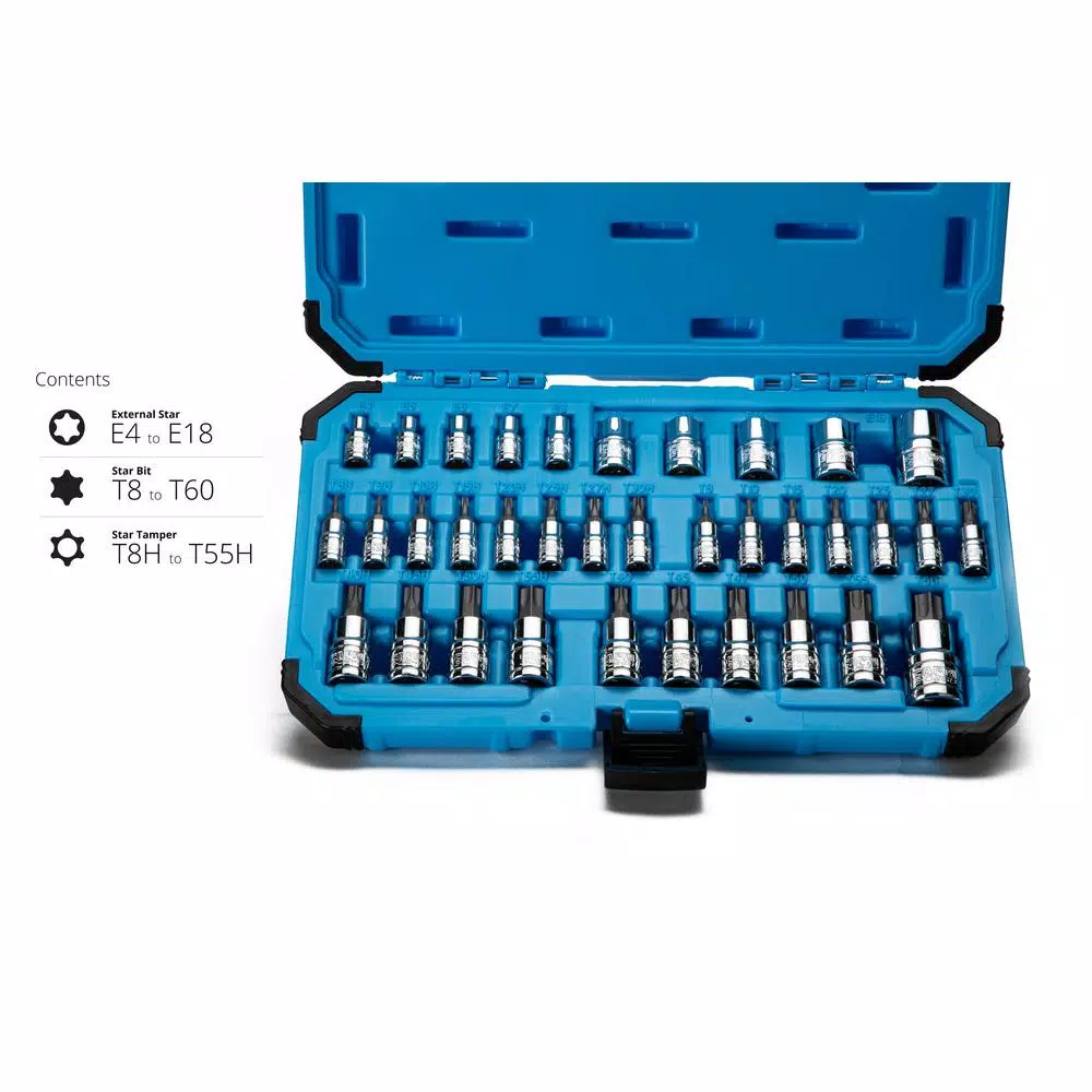 Capri Tools 35-Piece Torx and E-Torx Bit Socket Set, S2 Steel & Chrome Vanadium, Star Bit Sockets