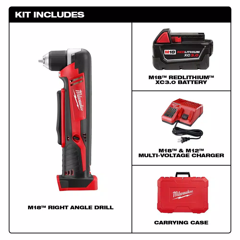 Milwaukee M18 18V Lithium-Ion Cordless 3/8 in. Right Angle Drill Kit with 3.0Ah Battery, Charger, and Hard Case