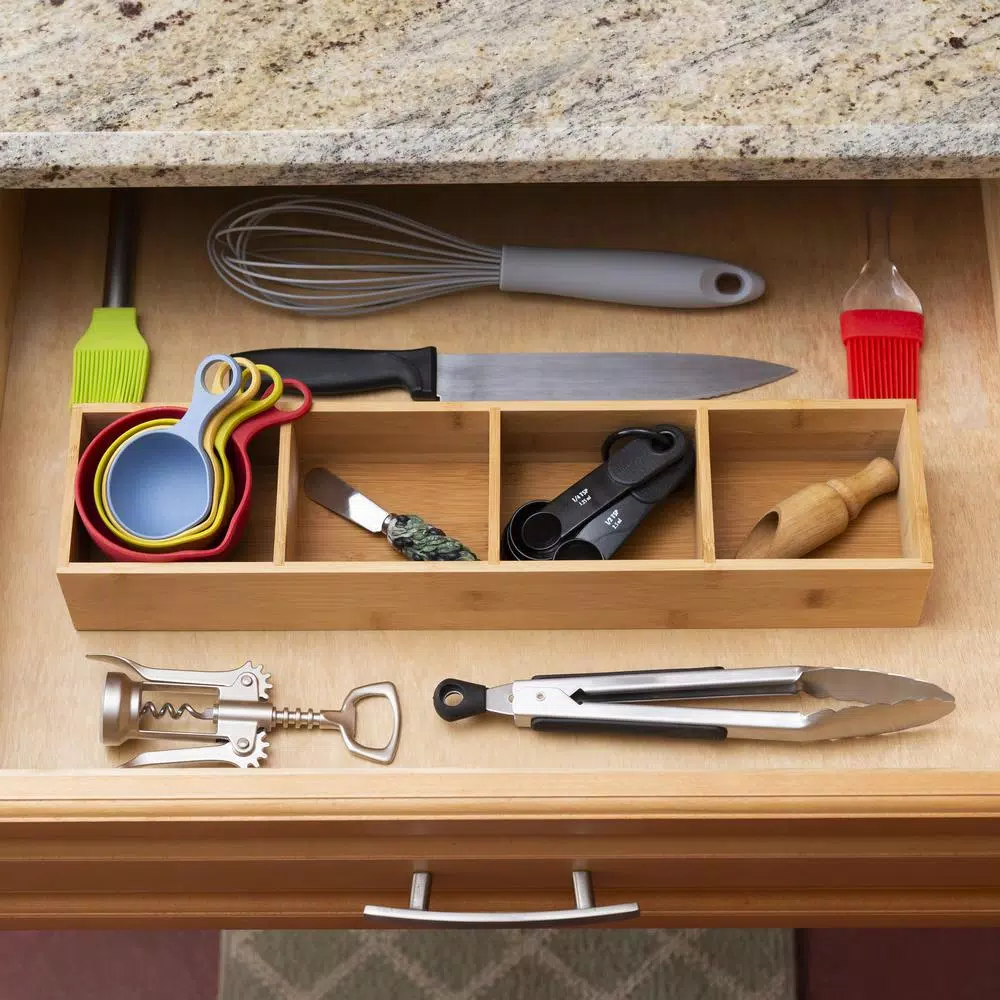Unbranded Natural Bamboo Drawer Organizer - 4 Compartment Long Slim Storage Tray, 17.5 x 4 in.