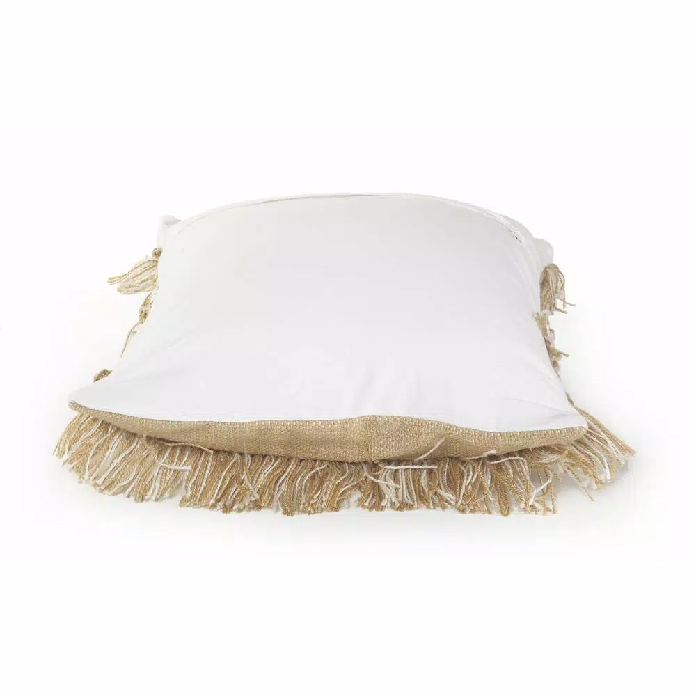 LR Home Beige and White Neutral Fringed Throw Pillow, 20 x 20 in., Geometric Embroidery