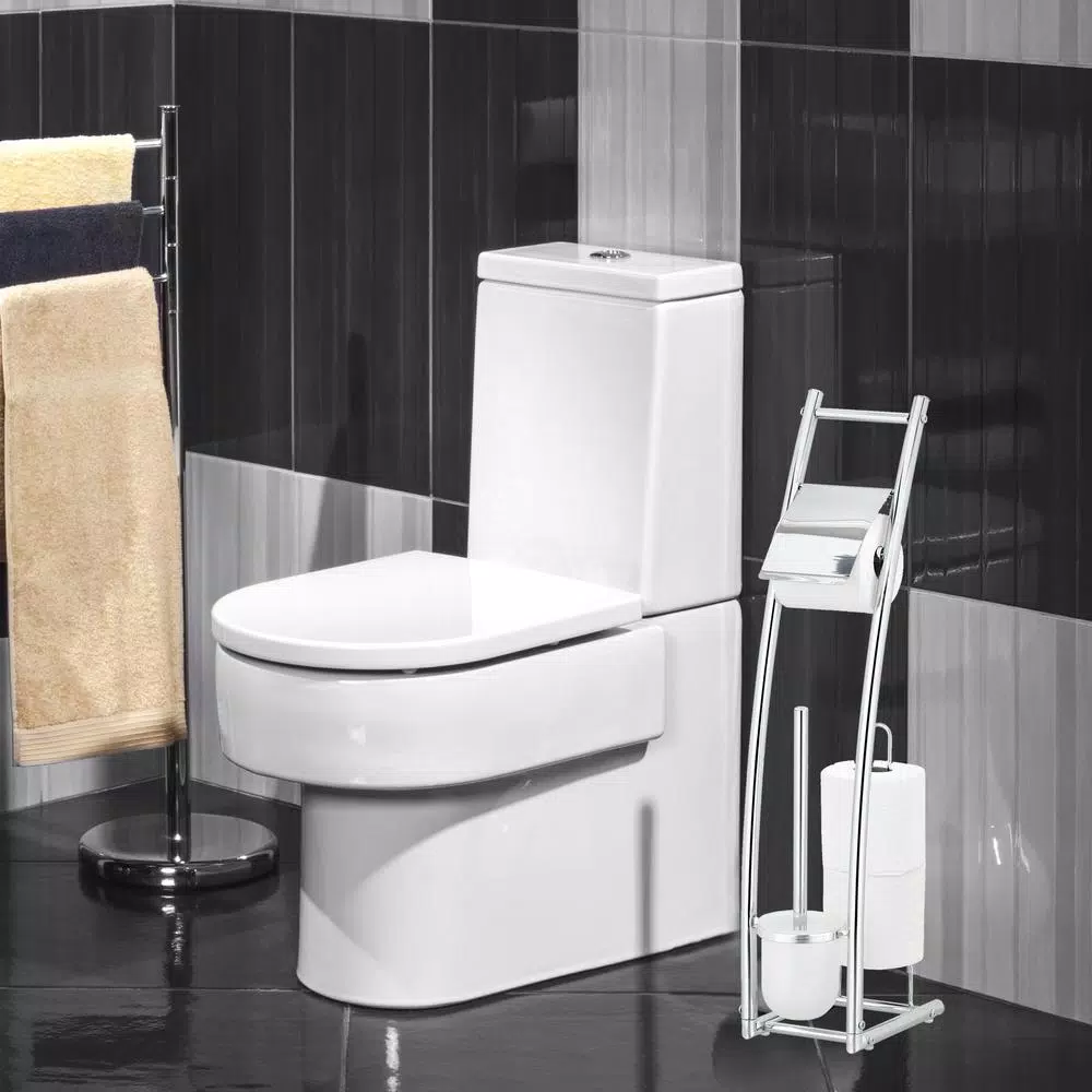 Furinno Wayar Toilet Brush and Paper Holder Stand, 3-in-1 Freestanding Chrome Bathroom Organizer, Silver