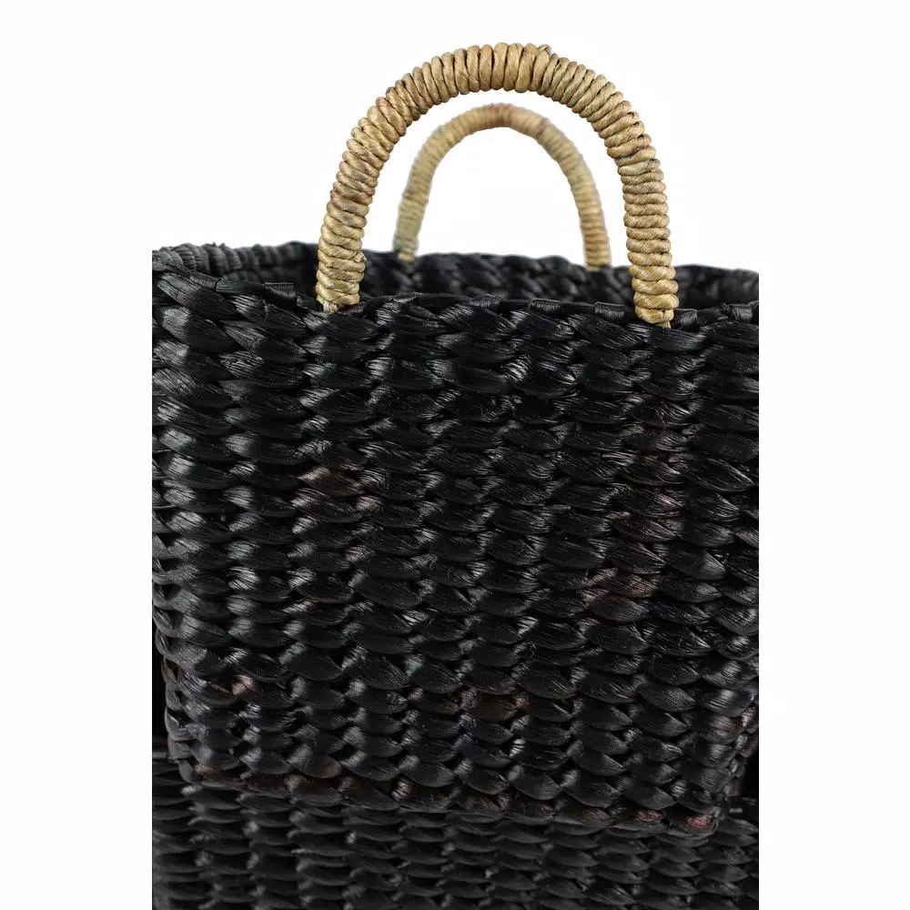 LITTON LANE Large Black Water Hyacinth Wicker Baskets with Banana Leaf Handles, Set of 2