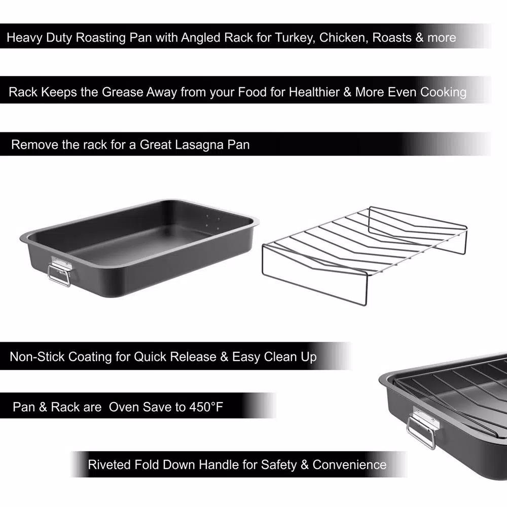 Classic Cuisine Heavy Duty Nonstick Carbon Steel Roasting Pan with Angled Rack