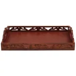 Benzara Carved Brown Wooden Serving Tray with Intricate Cutout Handles thumbnail 1