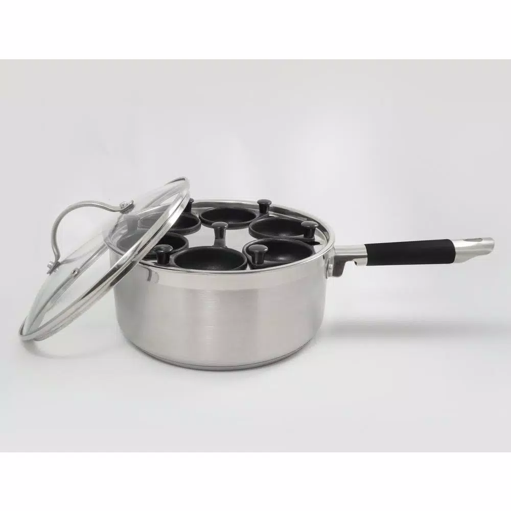 ExcelSteel Professional 6-Cup Stainless Steel Egg Poacher Set with Non-Stick Cups and Silicone Spatula