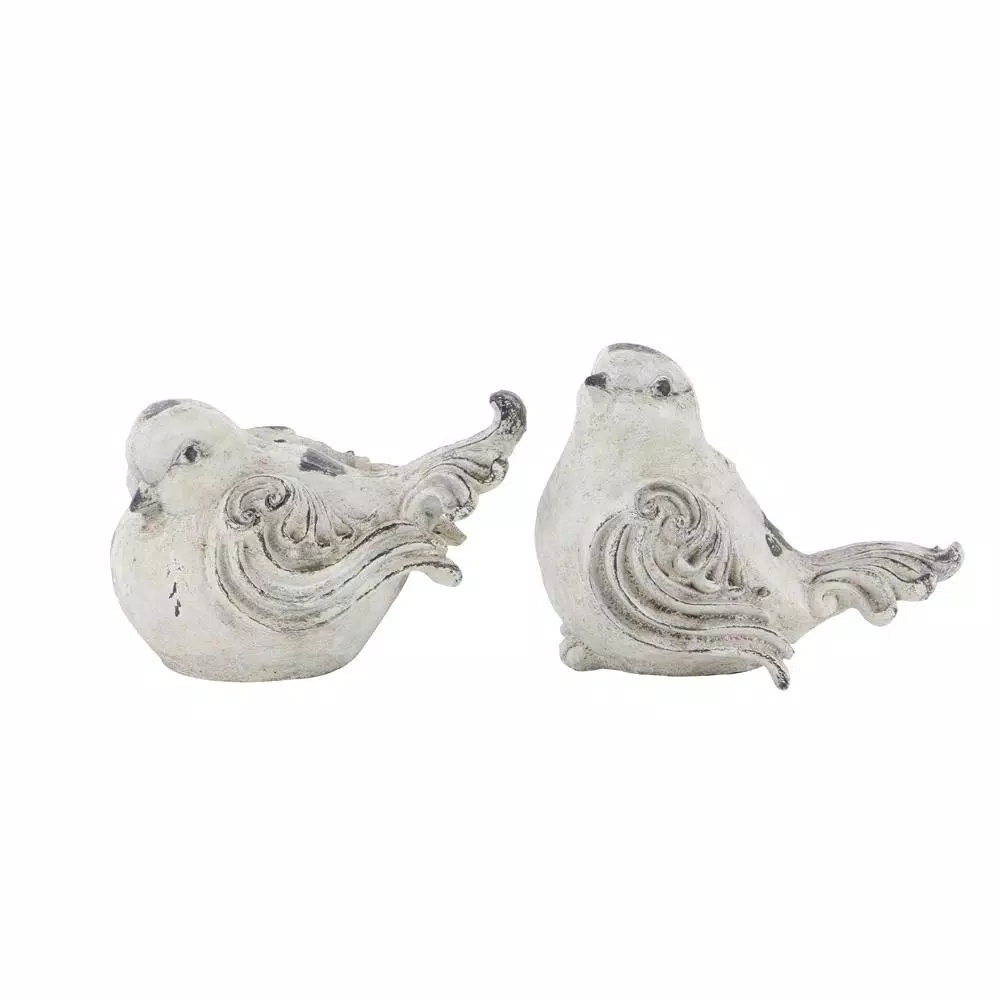 LITTON LANE 8 in. x 12 in. Decorative Bird Sculptures in Distressed White Polystone (Set of 2)