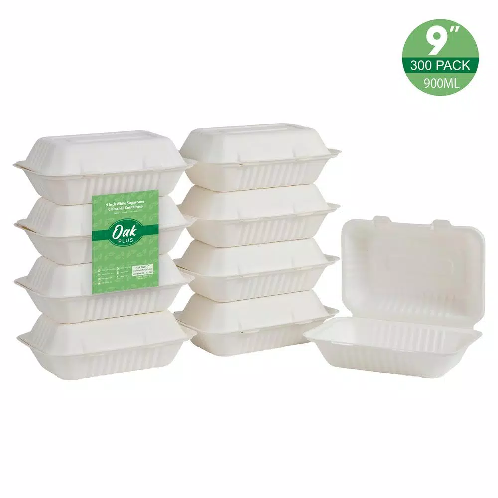 Unbranded 9 in. White Sugarcane Clamshell Containers, Biodegradable & Compostable (300 Pack)