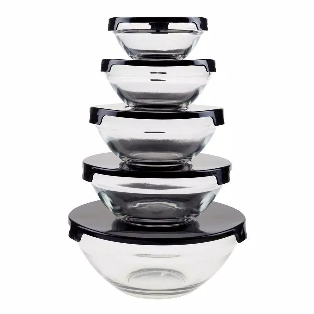 Chef Buddy 10-Piece Glass Bowl Set with Airtight Black Lids