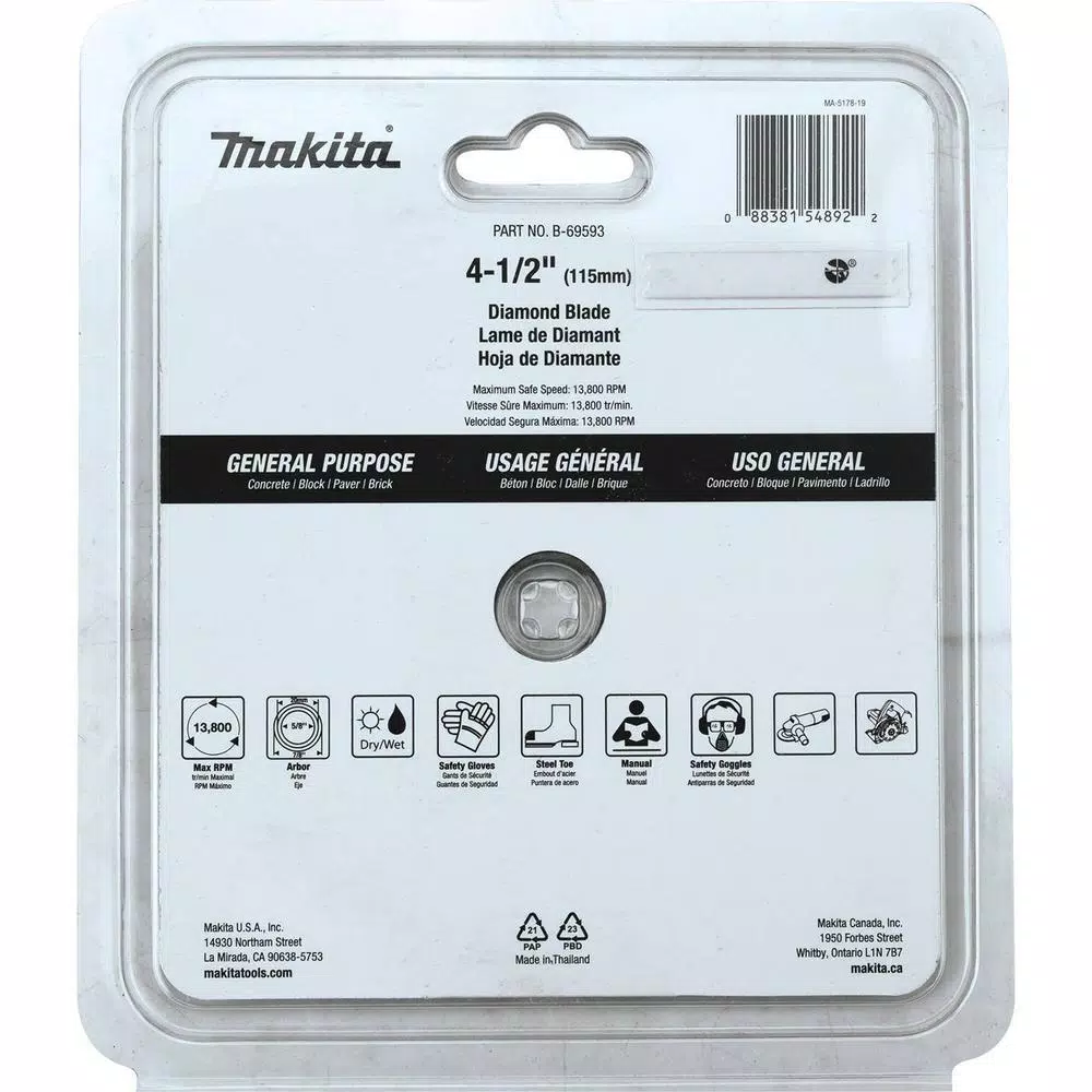 Makita 4.5 in. Segmented Rim Diamond Blade for Concrete, Brick, and Block