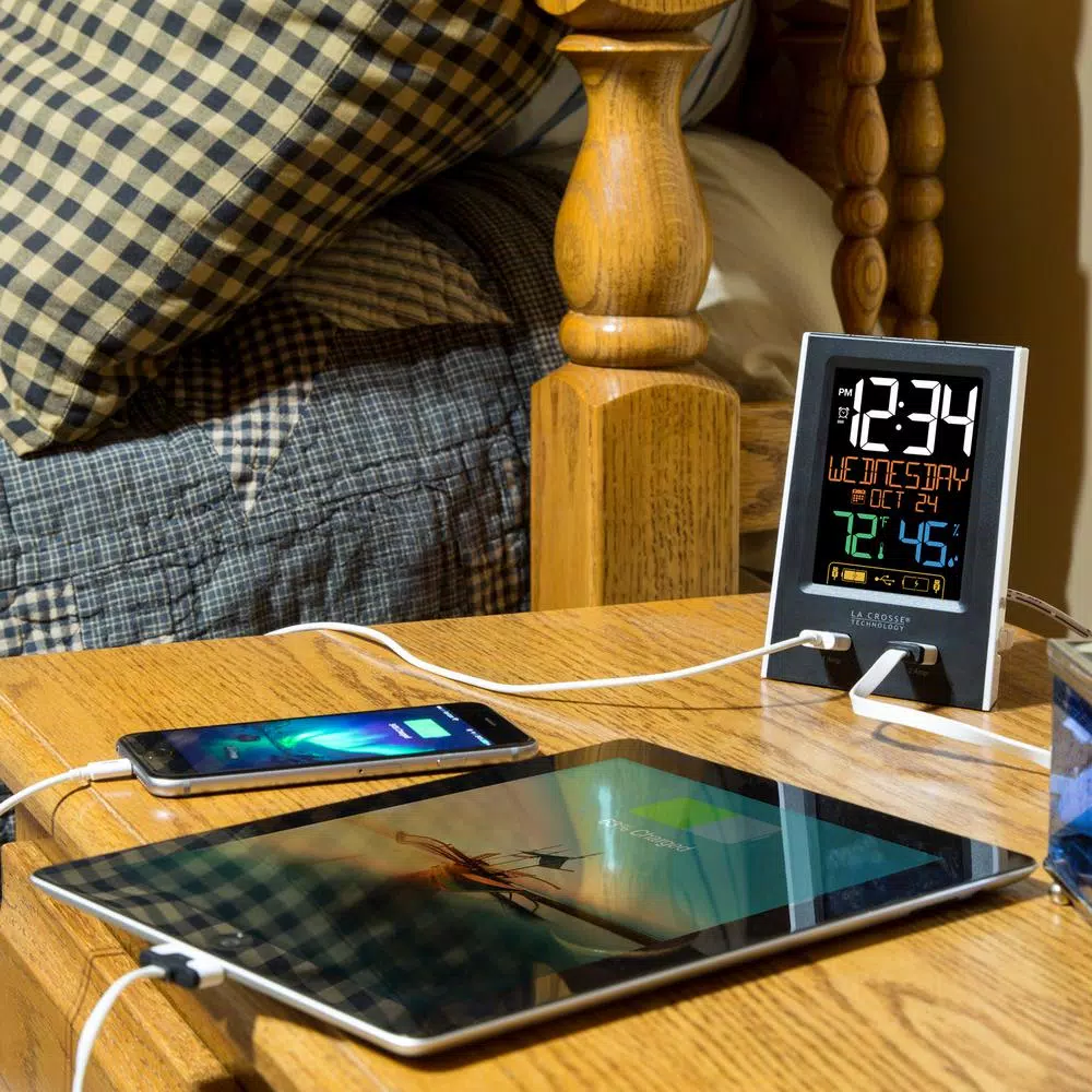 La Crosse Technology Digital Desktop Alarm Clock with Dual USB Charging Ports, Nap Timer, and Temperature/Humidity Display