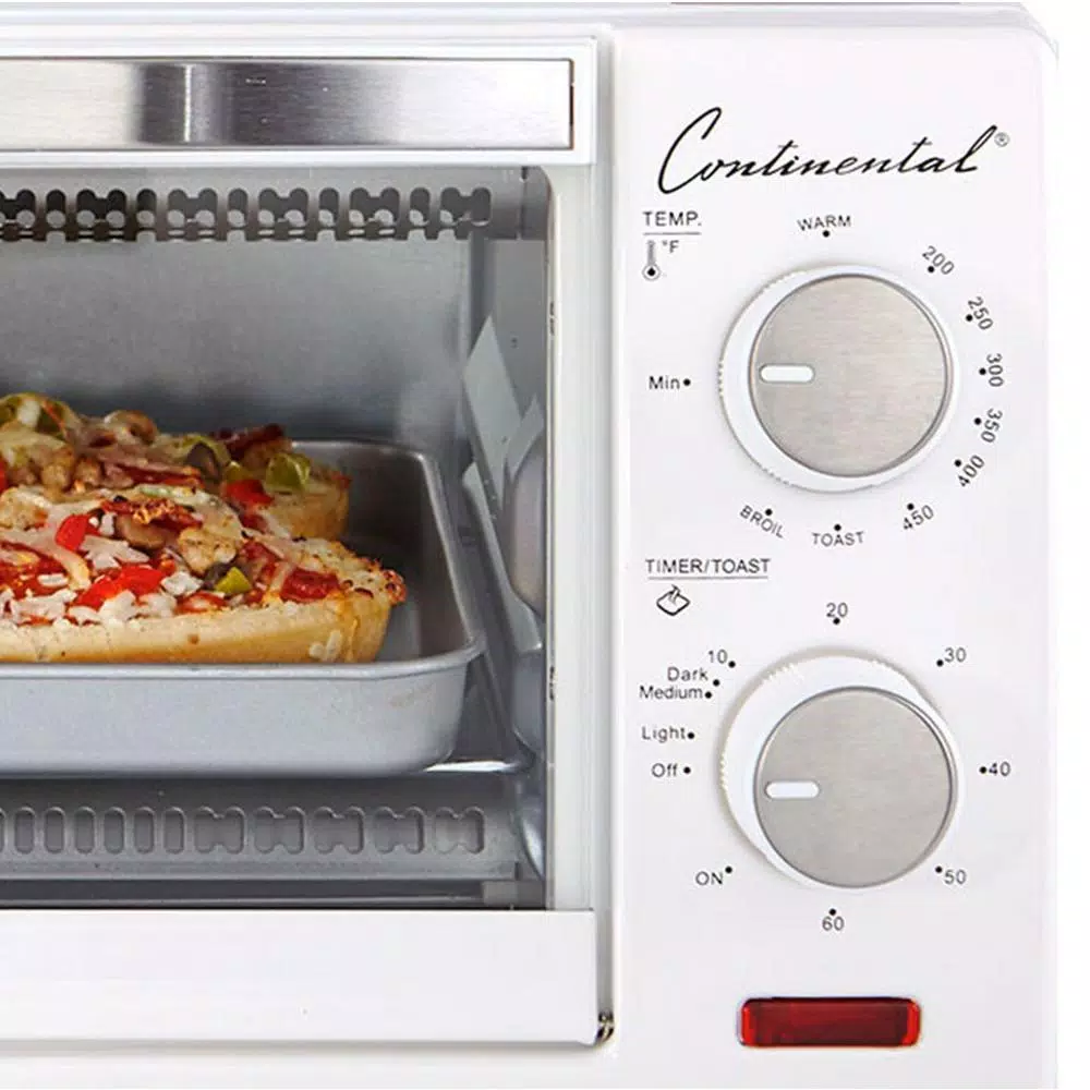 Continental Electric 1000W 4-Slice White Toaster Oven with 60-Minute Timer, Bake & Broil