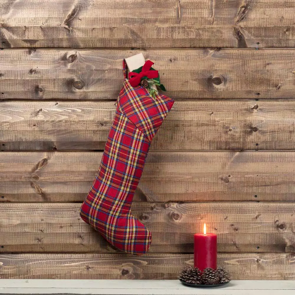 VHC Brands 20 in. Galway Barn Red Plaid Cotton Christmas Stocking