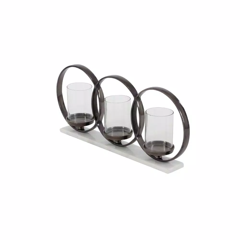 LITTON LANE Modern 3-Light Candle Holder with Black Aluminum and White Marble Base