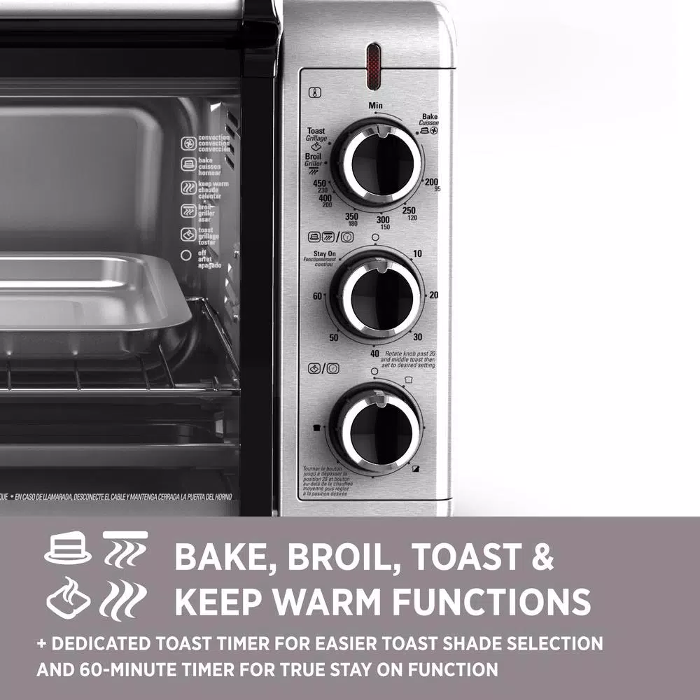 BLACK+DECKER 1500W 6-Slice Stainless Steel Convection Toaster Oven with Broiler Pan