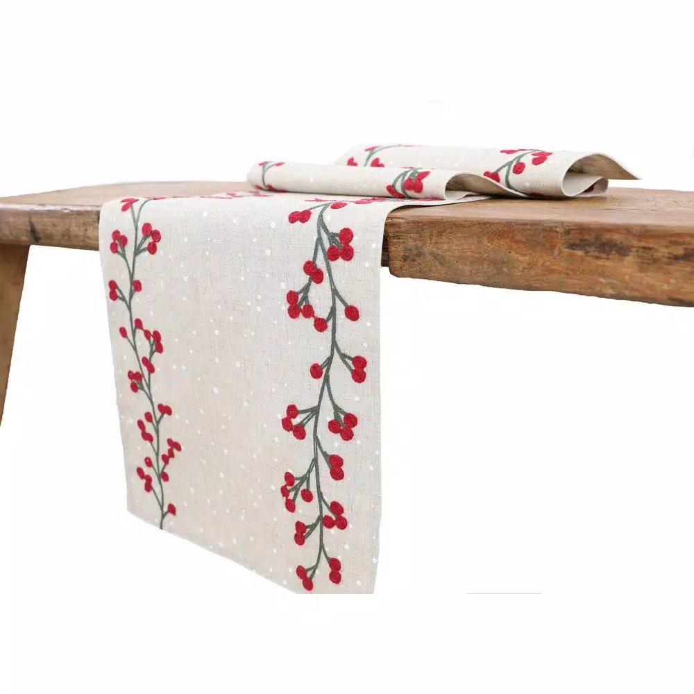Manor Luxe Holly Berry Branch Crewel Embroidered Christmas Table Runner, Natural Linen Blend, 15 x 90 in.