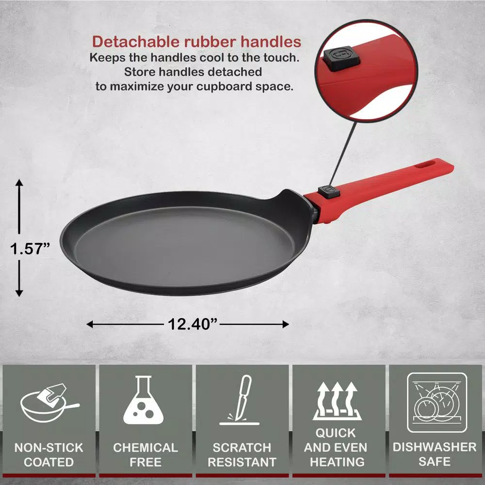 AMERCOOK 9.5 in. Aluminum Nonstick Crepe Pan with Detachable Handle, Greblon C2+ Ceramic Coating, Induction Compatible