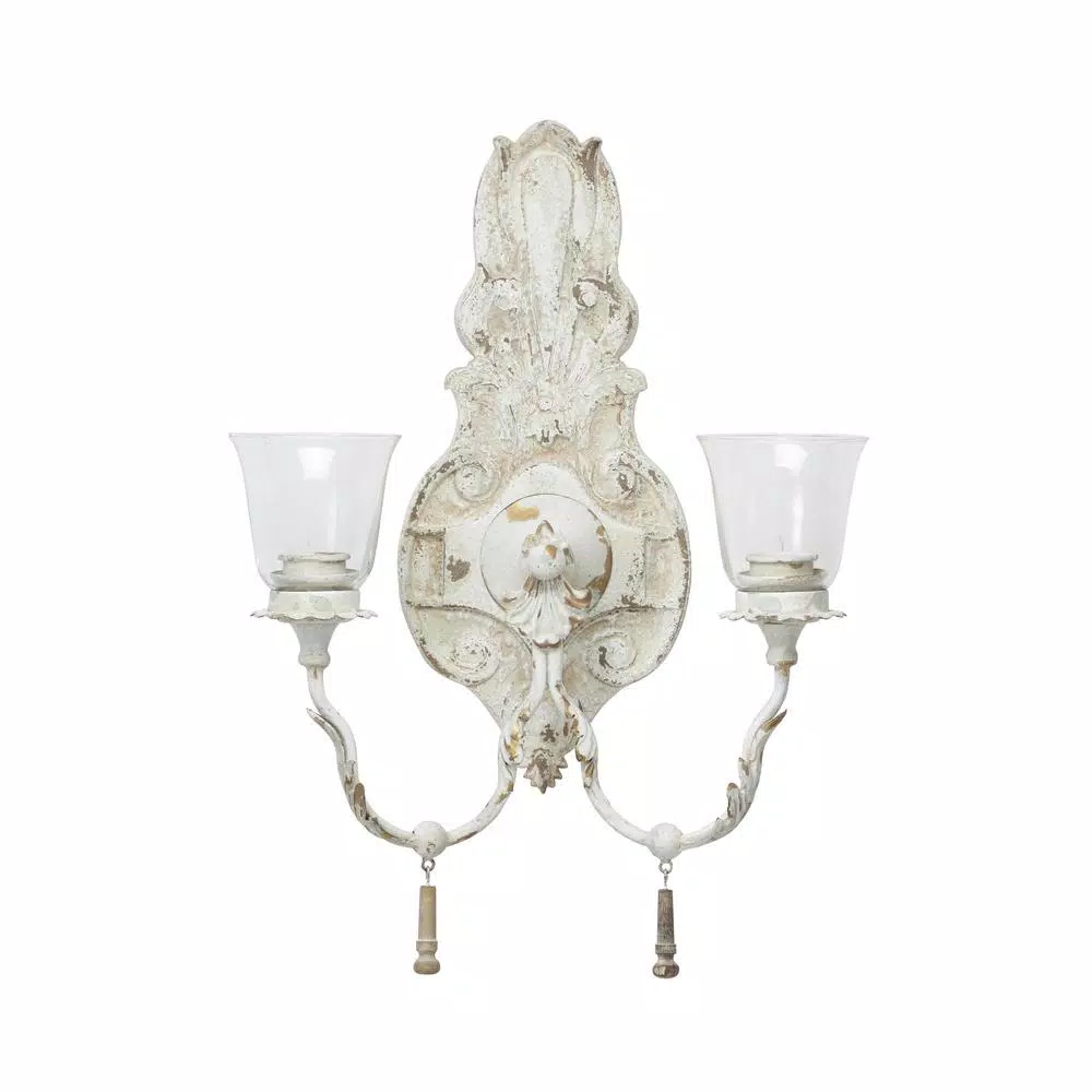 LITTON LANE Distressed White 2-Light Candle Sconce with Acanthus Carvings and Wood Bead Accents