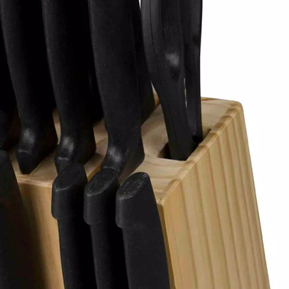 Home Basics 15-Piece Stainless Steel Knife Set with Wooden Display Block