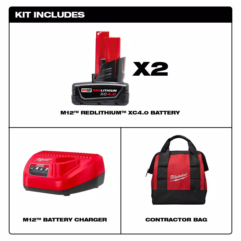 Milwaukee M12 REDLITHIUM XC4.0 12V Lithium-Ion Battery and Charger Starter Kit with Contractor Bag